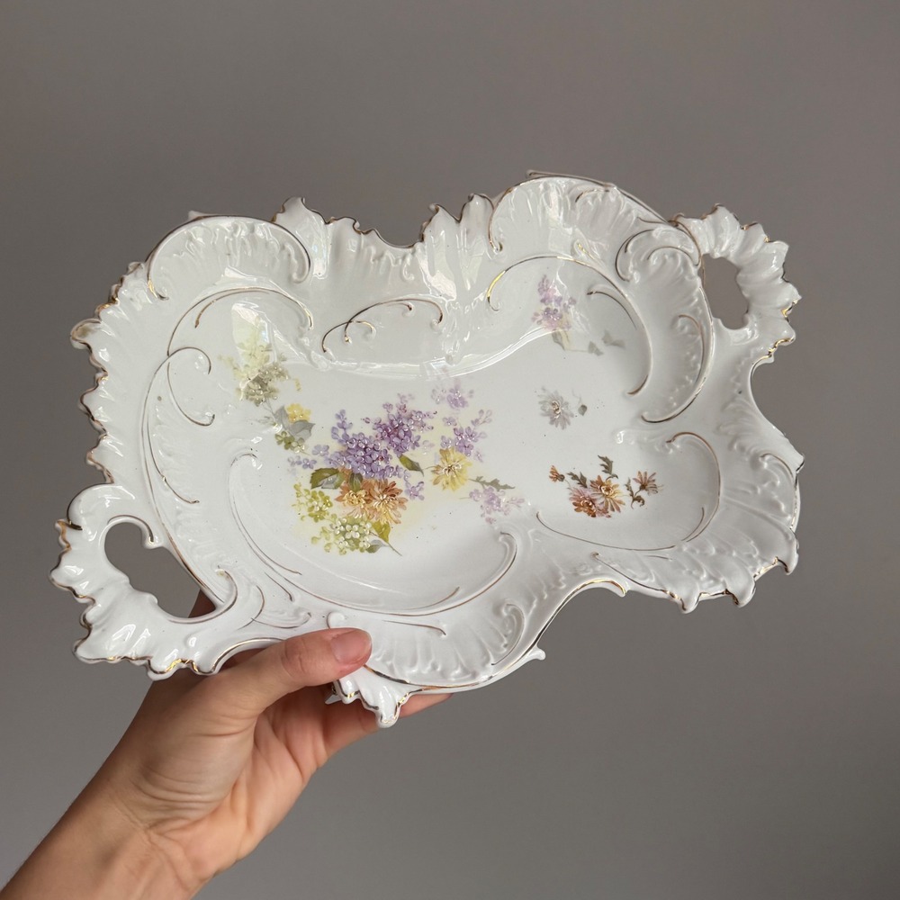 Vintage Victorian Porcelain Floral Scalloped Serving Bowl Gold Gilt 13"